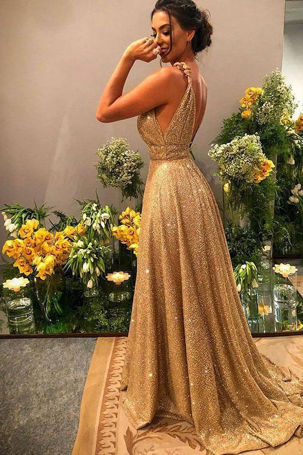 Sexy Deep V-Neck Sparkly Sequins Evening Maxi Dress with Straps