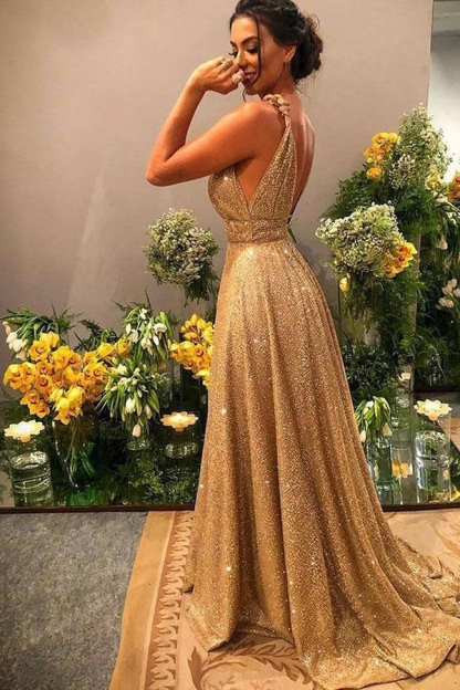 Sexy Deep V-Neck Sparkly Sequins Evening Maxi Dress with Straps