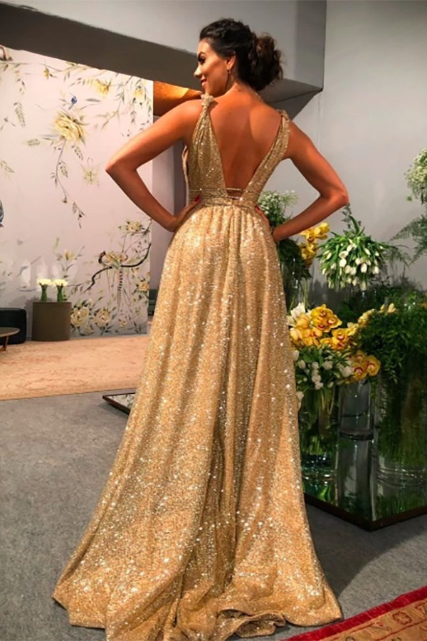 Sexy Deep V-Neck Sparkly Sequins Evening Maxi Dress with Straps