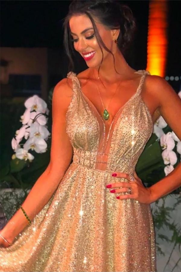 Sexy Deep V-Neck Sparkly Sequins Evening Maxi Dress with Straps