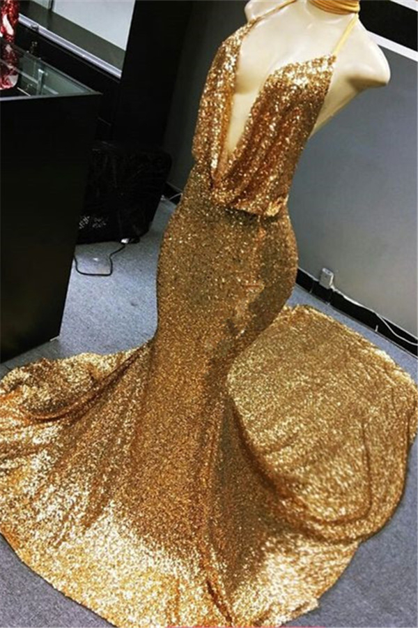 Sexy Deep V-neck Gold Sequins Evening Dress Mermaid Prom Dress on Mannequins