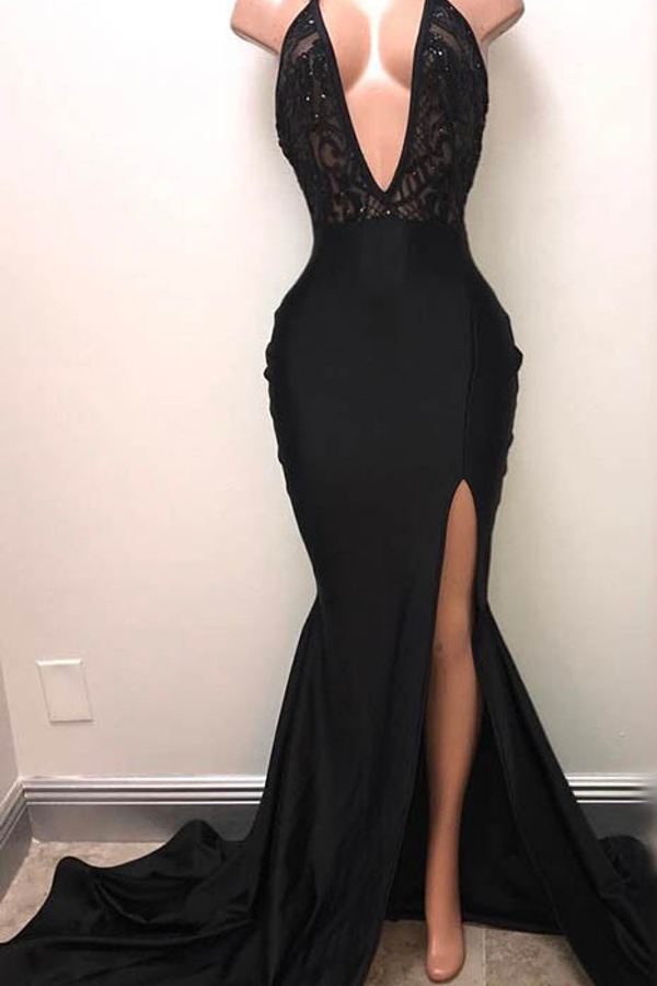 Sexy Halter Deep V-Neck Black Prom Dress with Slit | Affordable Evening Dress