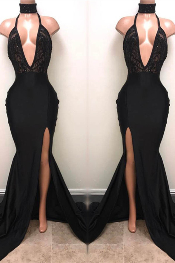 Sexy Halter Deep V-Neck Black Prom Dress with Slit | Affordable Evening Dress