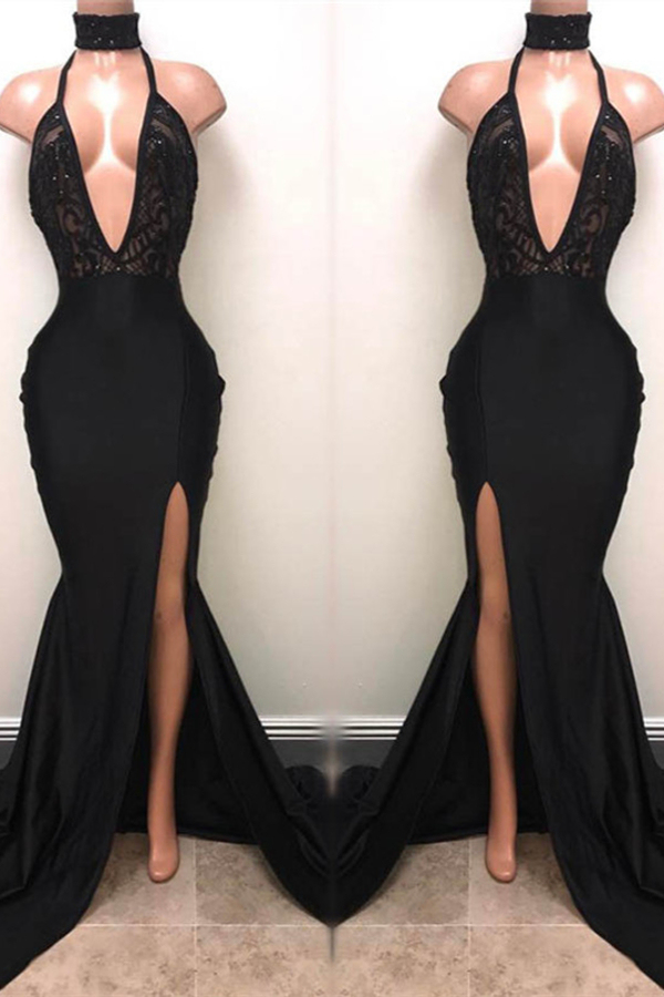 Sexy Halter Deep V-Neck Black Prom Dress with Slit | Affordable Evening Dress