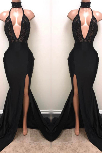Sexy Halter Deep V-Neck Black Prom Dress with Slit | Affordable Evening Dress