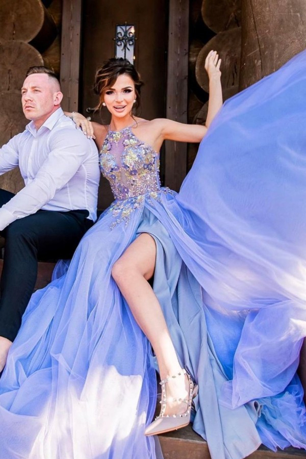Sexy Halter Floral Pattern Tulle Evening Dress with Side Split