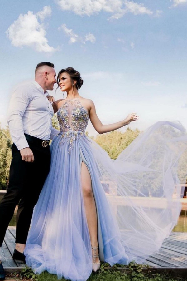 Sexy Halter Floral Pattern Tulle Evening Dress with Side Split