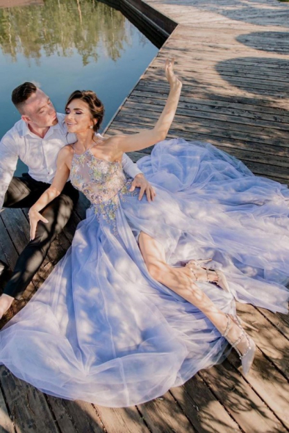 Sexy Halter Floral Pattern Tulle Evening Dress with Side Split