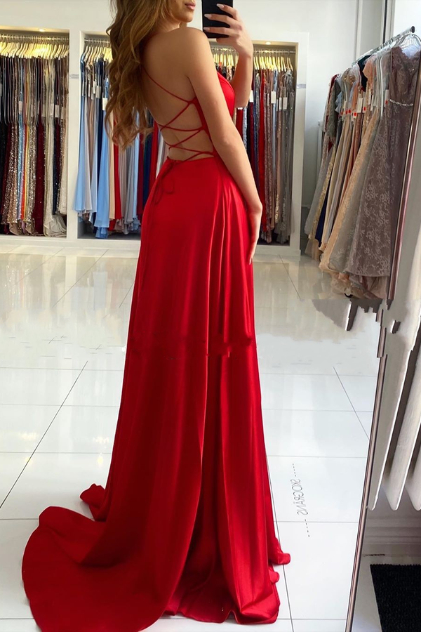 Sexy High Split Long Red Evening Dress V-Neck Court Train Prom Dress