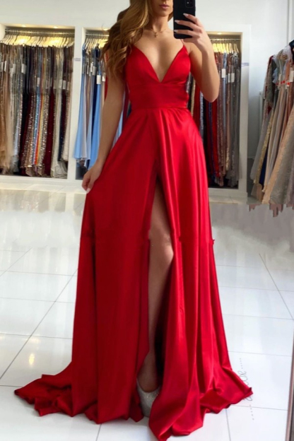 Sexy High Split Long Red Evening Dress V-Neck Court Train Prom Dress