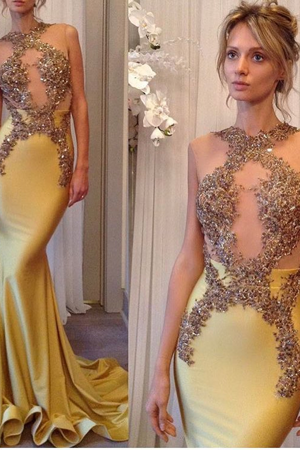 Sexy Jewel Appliques Sleeveless Mermaid Prom Dress with Sweep Train