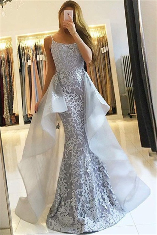 Sexy Lace Mermaid Prom Dress Straps Evening Gown with Tulle Overskirt Train