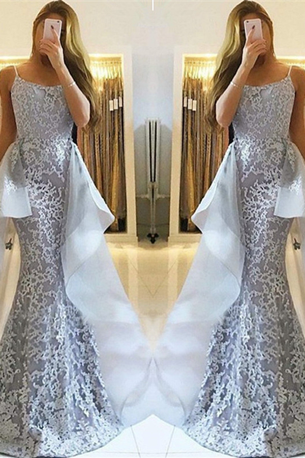 Sexy Lace Mermaid Prom Dress Straps Evening Gown with Tulle Overskirt Train