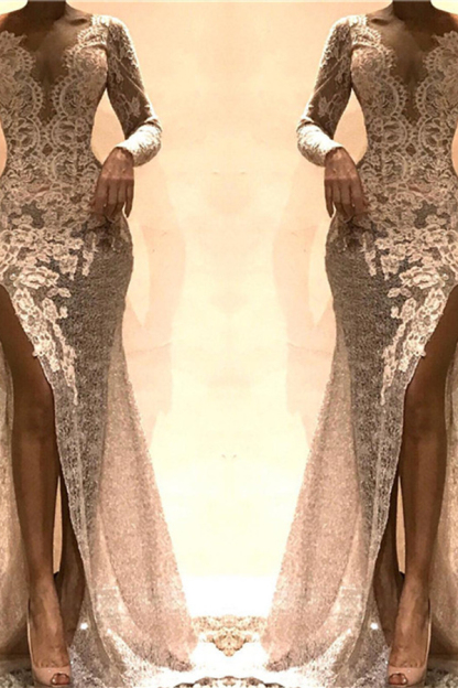 Sexy Lace One-Sleeve Sheath Evening Dress | Side Slit Party Dress