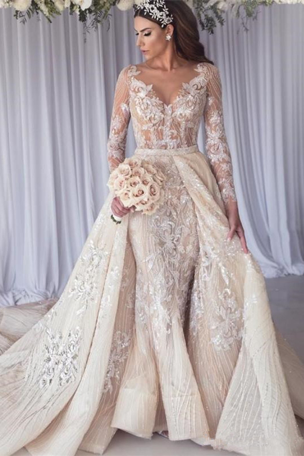 Sexy Long Sleeve Lace Mermaid Wedding Dress with Sweep Overskirt