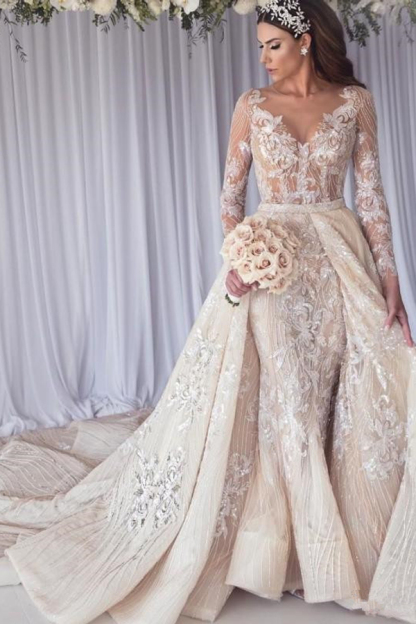 Sexy Long Sleeve Lace Mermaid Wedding Dress with Sweep Overskirt