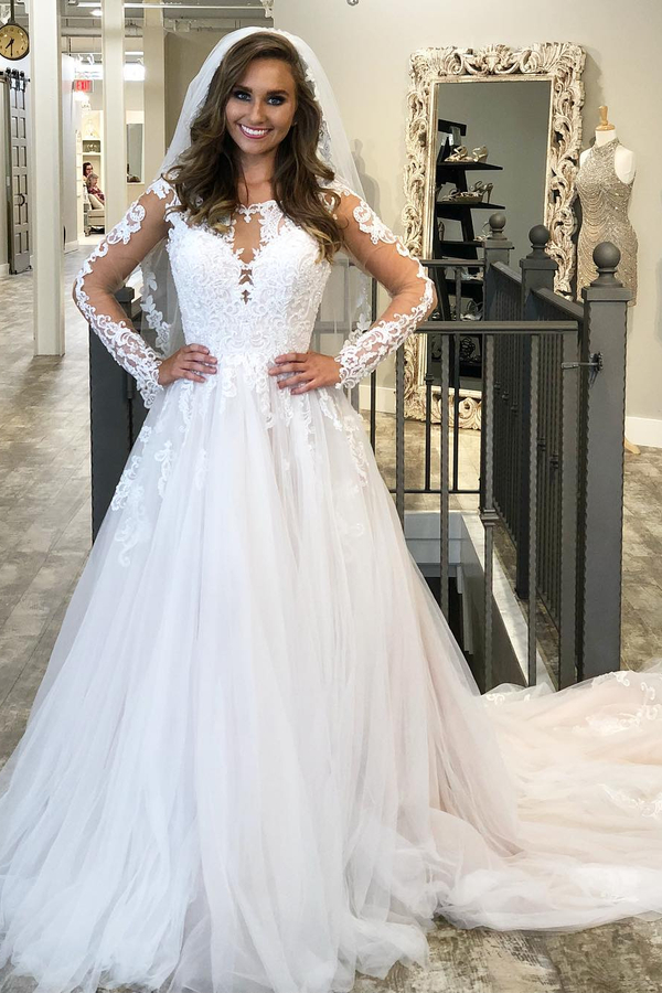 Sexy Long Sleeve V-Neck Tulle A-Line Wedding Dress with Lace Appliques