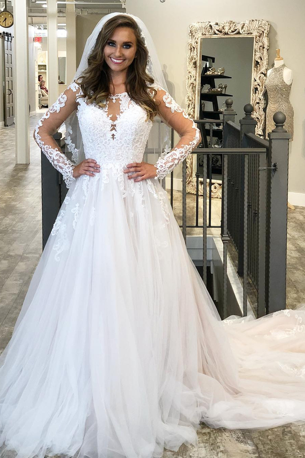 Sexy Long Sleeve V-Neck Tulle A-Line Wedding Dress with Lace Appliques