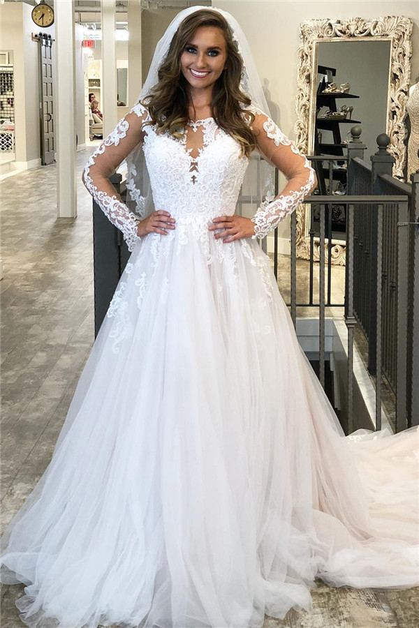 Sexy Long Sleeve V-Neck Tulle A-Line Wedding Dress with Lace Appliques