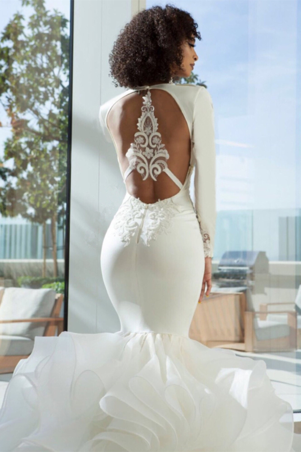 Sexy Mermaid Deep V-Neck Stretch Satin Organza Wedding Dress with Lace Appliques