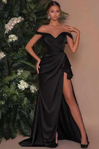 Sexy Off-the-Shoulder Black Side Slit Evening Dress Satin Long Prom Dress