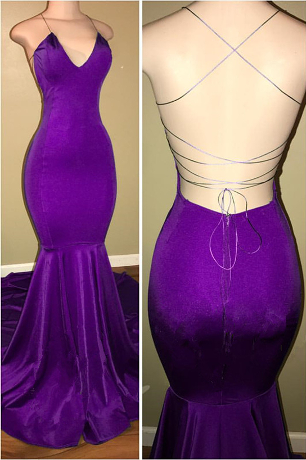 Sexy Open Back Purple Mermaid Prom Dress Spaghetti Straps Long Party Dress