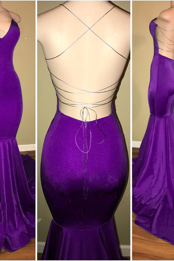 Sexy Open Back Purple Mermaid Prom Dress Spaghetti Straps Long Party Dress