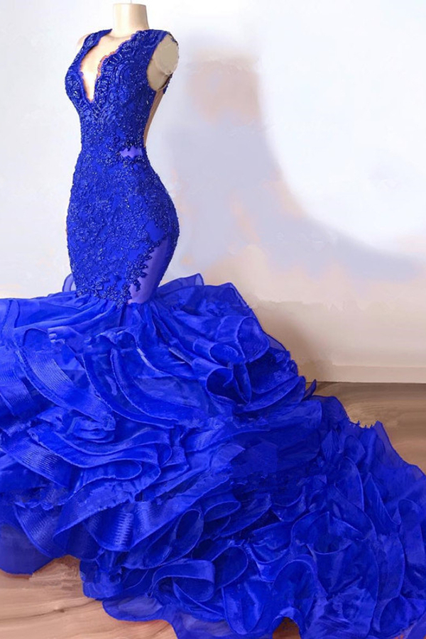 Sexy Royal Blue Ruffles Mermaid Prom Dress with V-Neck