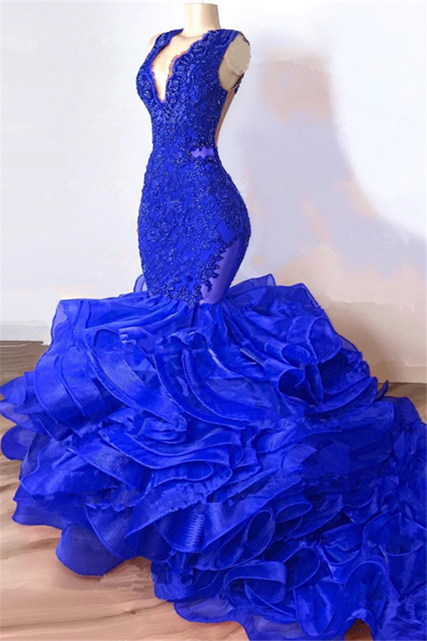 Sexy Royal Blue Ruffles Mermaid Prom Dress with V-Neck 