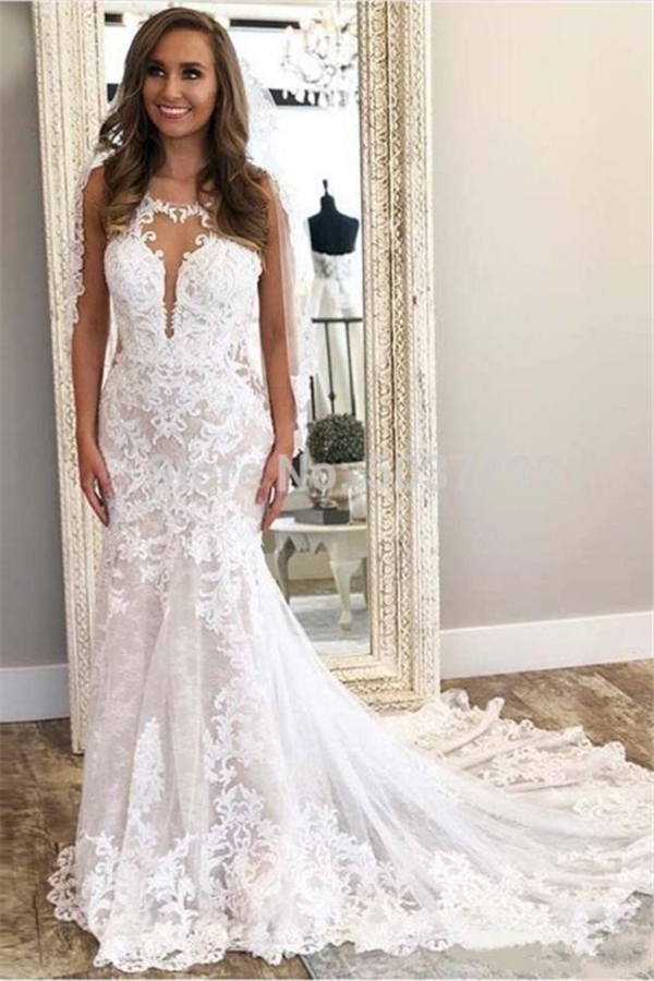 Sexy Sleeveless Column Lace Wedding Dress Tulle Appliques