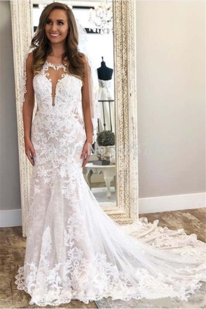 Sexy Sleeveless Column Lace Wedding Dress Tulle Appliques