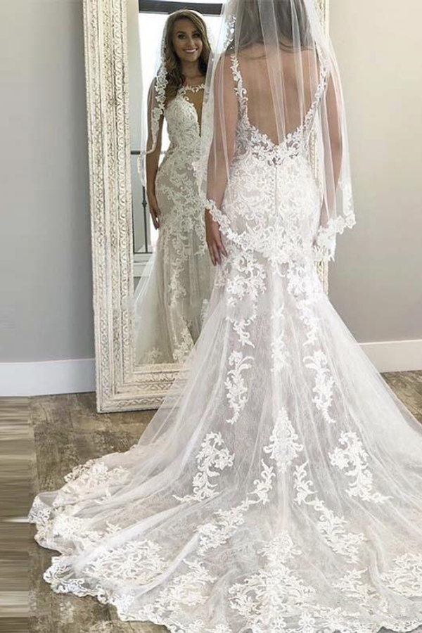 Sexy Sleeveless Column Lace Wedding Dress Tulle Appliques