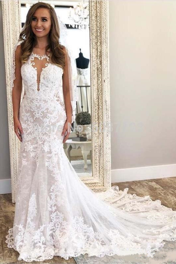 Sexy Sleeveless Column Lace Wedding Dress Tulle Appliques