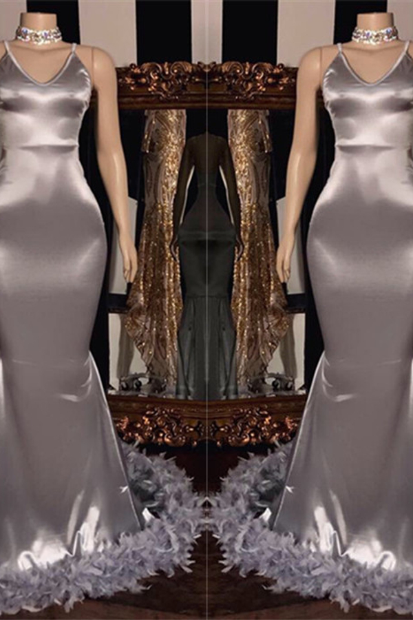 Sexy Spaghetti Strap Mermaid Prom Dress with Fur