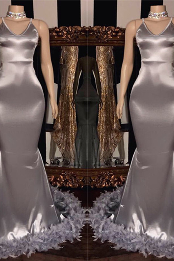 Sexy Spaghetti Strap Mermaid Prom Dress with Fur