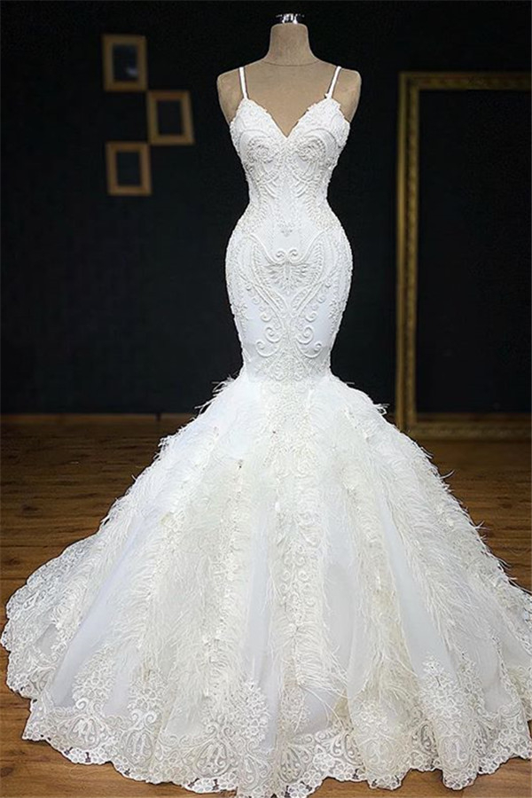 Sexy Spaghetti Strap Sleeveless White Mermaid Lace Wedding Dress