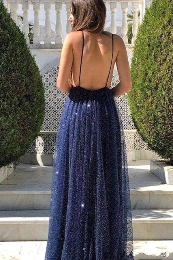 Sexy Spaghetti Straps V-Neck Glitter Sequins Prom Dress with Detachable Train