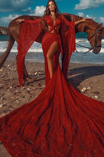 Sexy Sparkle Red Criss-Cross Long Sleeve Prom Dress