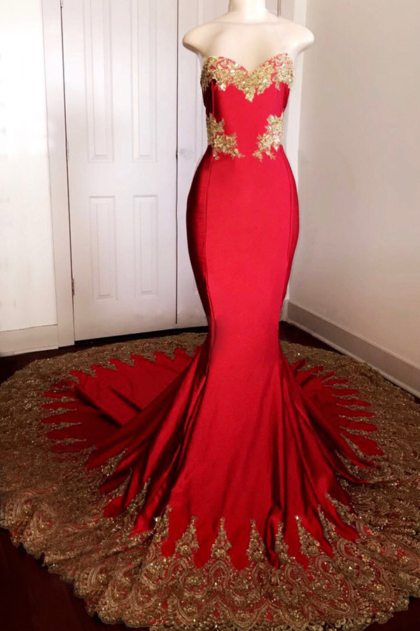 Sexy Strapless Red Prom Dress with Gold Appliques | Mermaid Prom Dresses on Mannequins with Long Train