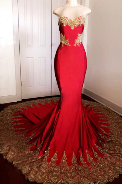 Sexy Strapless Red Prom Dress with Gold Appliques | Mermaid Prom Dresses on Mannequins with Long Train