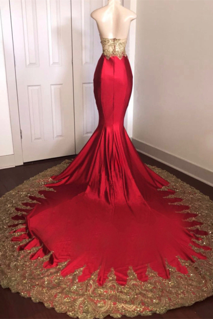 Sexy Strapless Red Prom Dress with Gold Appliques | Mermaid Prom Dresses on Mannequins with Long Train