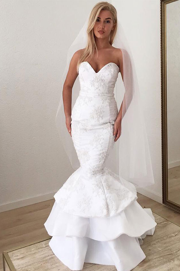 Sexy Sweetheart White Lace Applique Mermaid Ruffle Long Wedding Dress