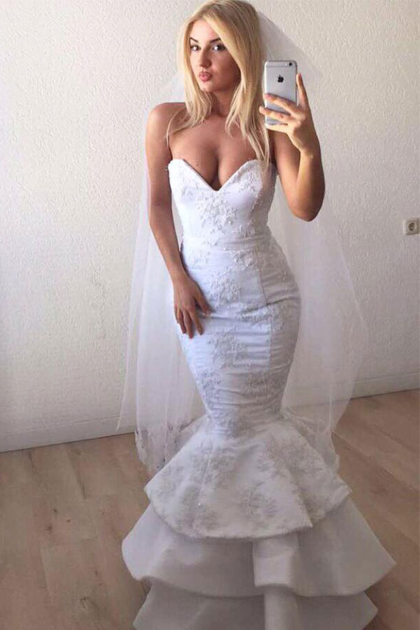 Sexy Sweetheart White Lace Applique Mermaid Ruffle Long Wedding Dress