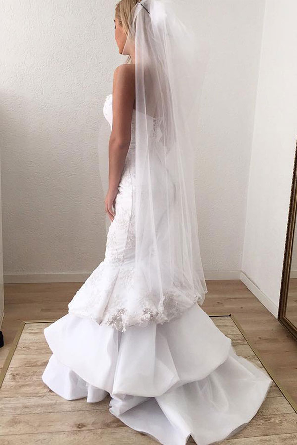 Sexy Sweetheart White Lace Applique Mermaid Ruffle Long Wedding Dress