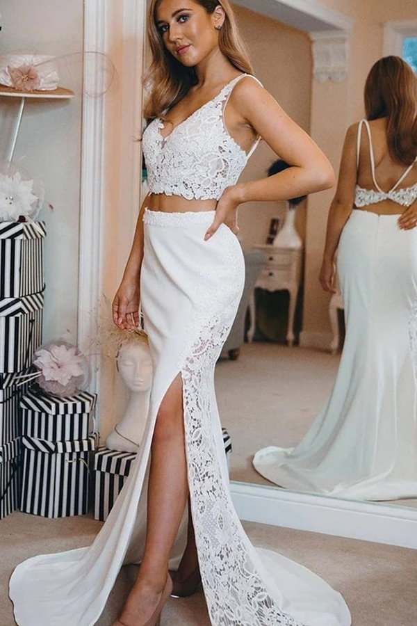 Sexy Two-Piece Spaghetti Strap V-Neck Lace Side Slit Beach Wedding Dress