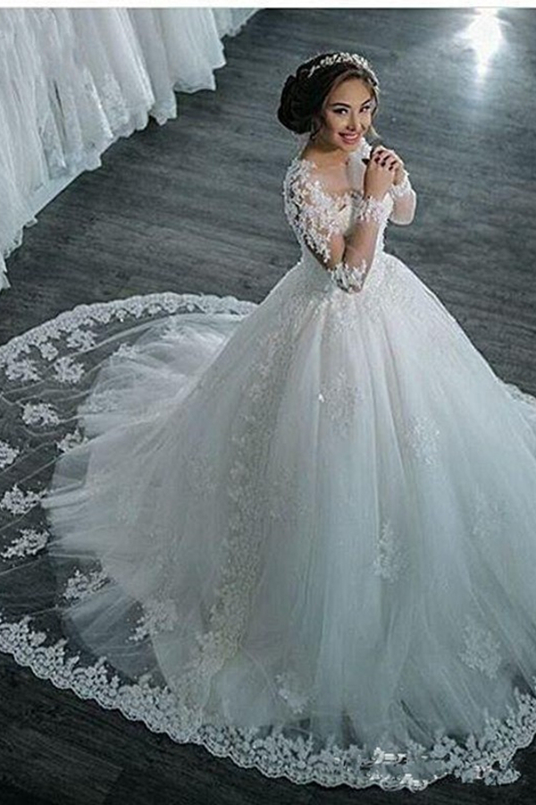 Sheer Lace Long Sleeve Beaded Ball Gown Wedding Dress