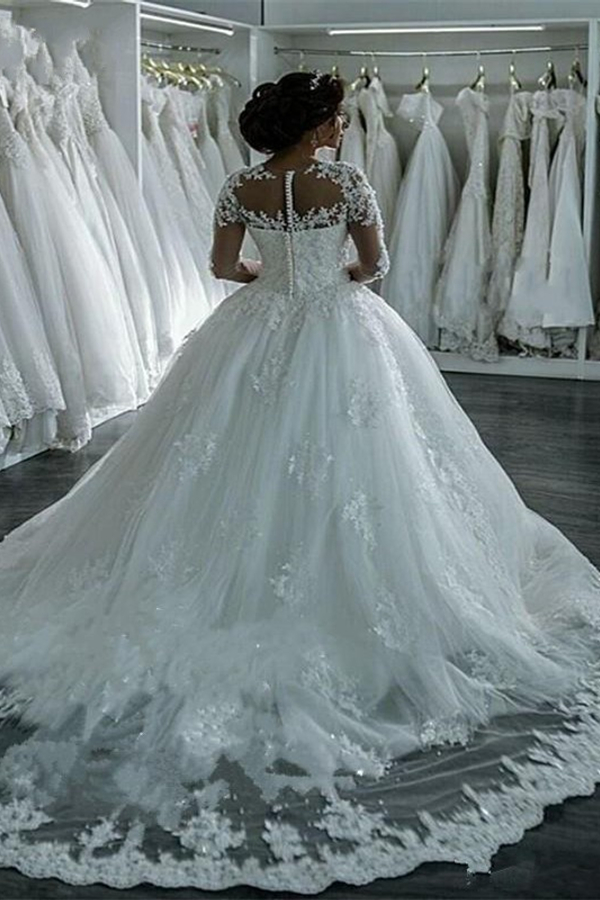 Sheer Lace Long Sleeve Beaded Ball Gown Wedding Dress