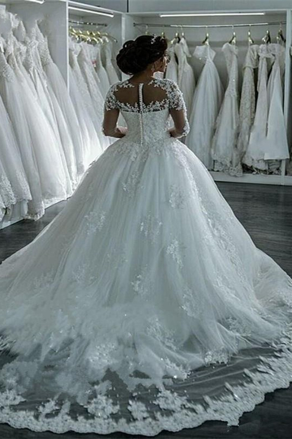 Sheer Lace Long Sleeve Beaded Ball Gown Wedding Dress