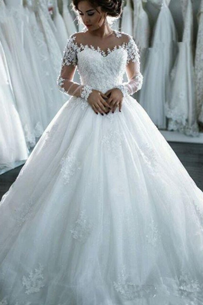 Sheer Lace Long Sleeve Beaded Ball Gown Wedding Dress