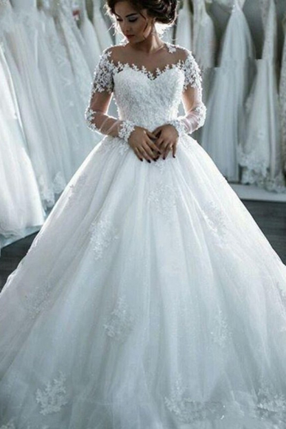 Sheer Lace Long Sleeve Beaded Ball Gown Wedding Dress